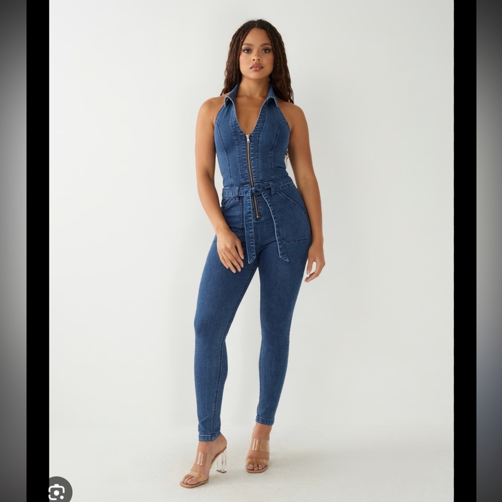 True Religion Denim Halter Jumpsuit XL BRAND NEW Zip Up Sexy Stretch NWT - Picture 7 of 8